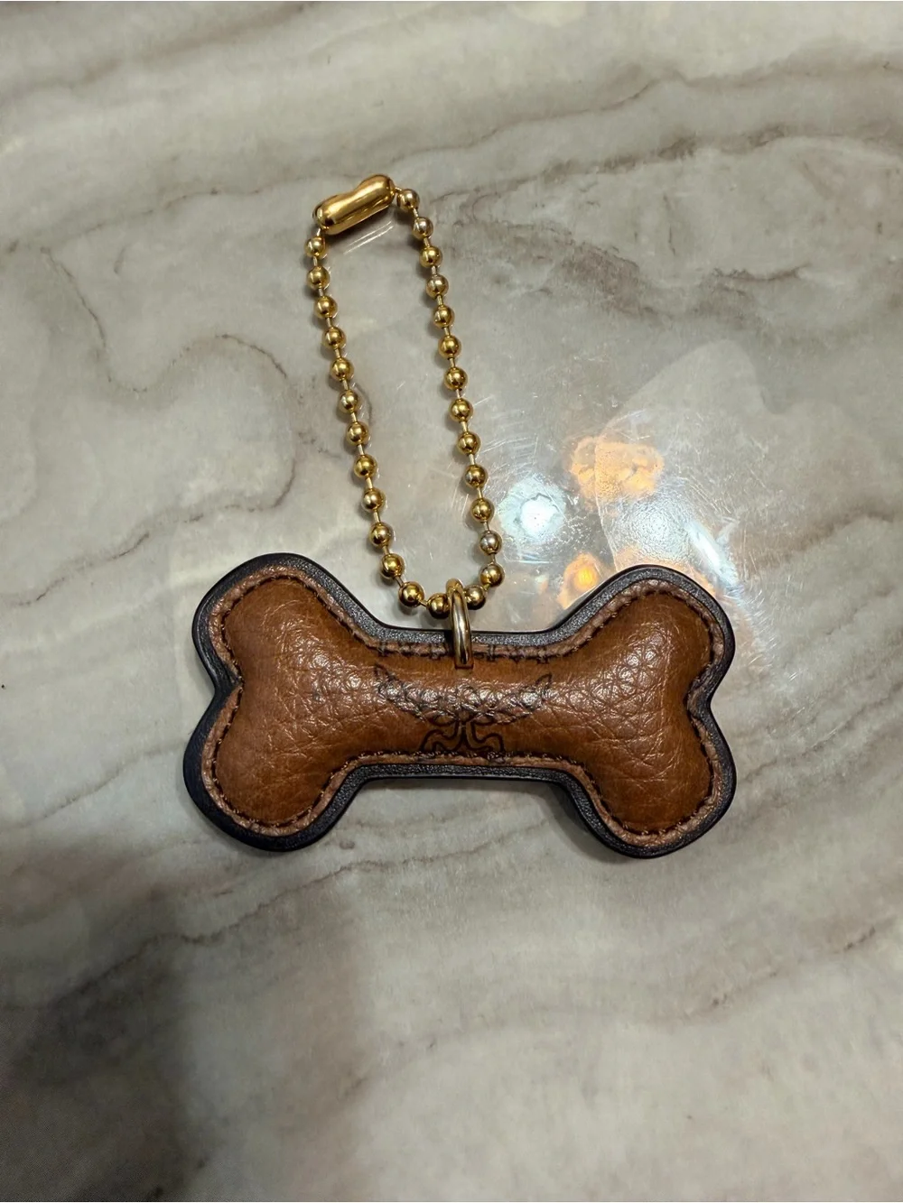 MCM Brown Leather Bone-Shaped Dog Tag Charm with Gold Chain